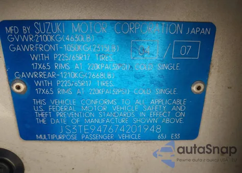 2007 Suzuki Grand Vitara Luxury from USA, damaged, VIN JS3TE947674201948